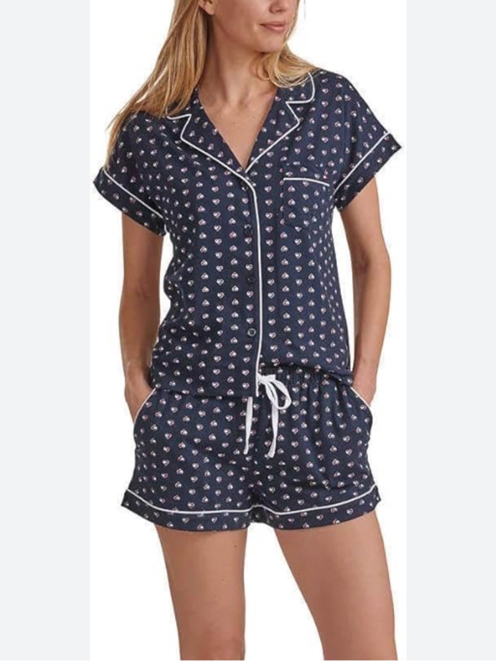 Tommy Hilfiger Navy Short-Sleeve Pyjama Set with Red & White Heart Print